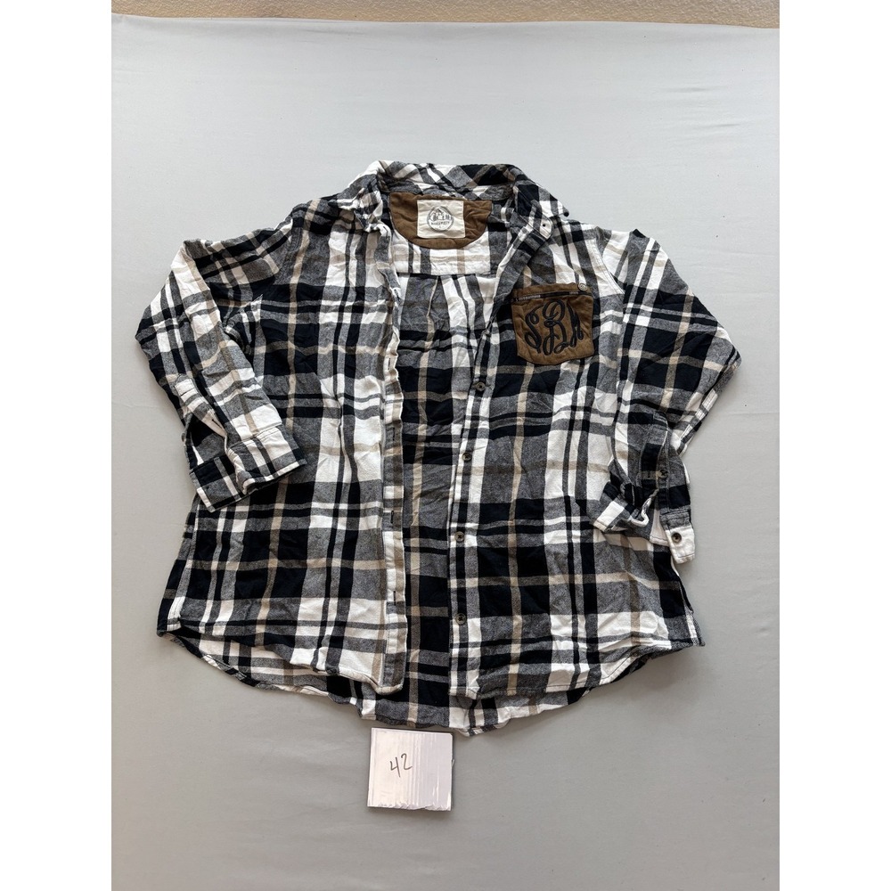MarleyLilly Womens Plaid Flannel Shirt Monogrammed Pocket Black White Tan L